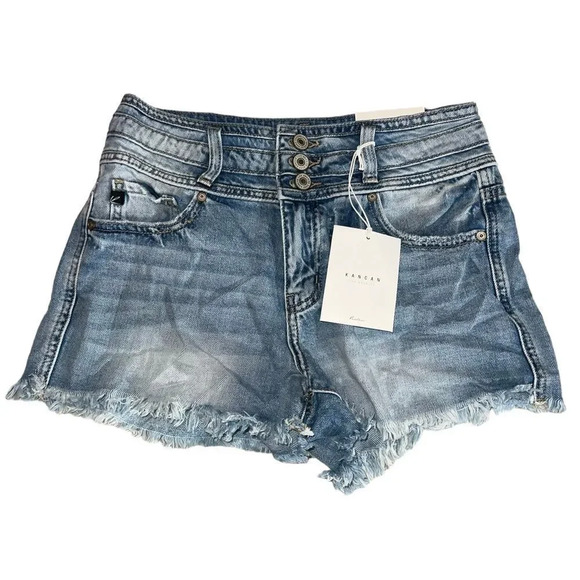 NWT Kancan High Rise‎ Leg Fray Denim Shorts Blue Size Small - Picture 1 of 4